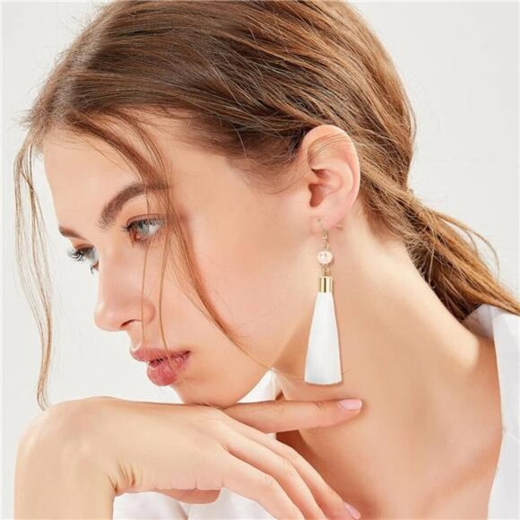 4Pairs White & Gold Tassel Earrings For Women Fan Shape Tassel Earrings Long - Picture 3 of 6